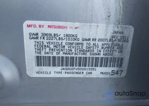 2012 Mitsubishi Lancer Es from USA, damaged, VIN JA32U2FU5CU015351